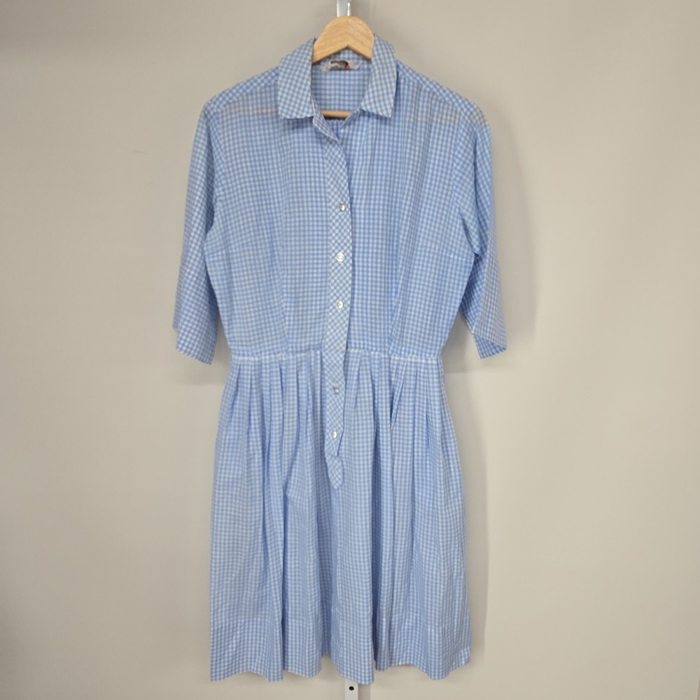 Vintage Serbin Muriel Ryan Gingham Shirt Dress Blue White Plaid Pleated Pocket‎
